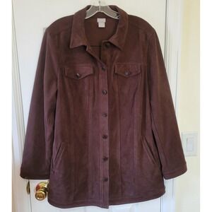 Chico's Faux Suede Jacket Size 2 L Brown Button Up Pockets Casual Classic